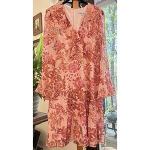 Julia Jordan Womens Pink Floral Ruffle V-Neck Long Sleeve Knee Length Dress Sz 8